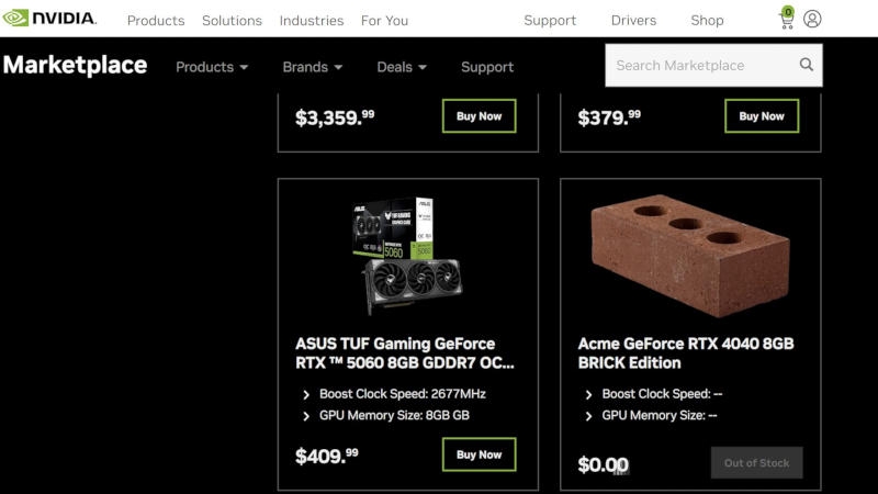 Nvidia начала раздавать кирпичи — в фирменный маркетплейс завезли GeForce RTX 4040 BRICK Edition за $0